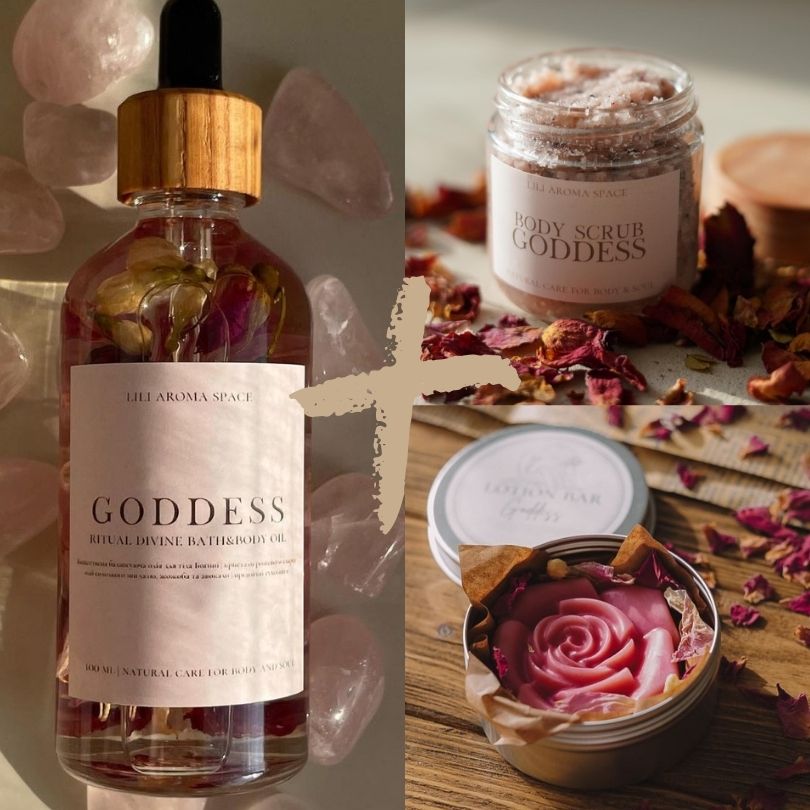 Lot - Goddess - Huile parfumée corps - 100 ml + Gommage pour le corps naturel - 280 g + Lotion solide hydratante 95 gr